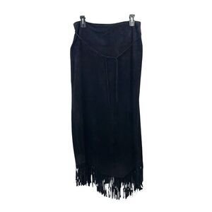 Cuir Zebra leather suede fringe midi skirt Size 10 black artsy boho goth vintage